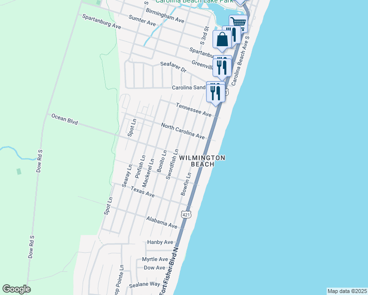 map of restaurants, bars, coffee shops, grocery stores, and more near 1309 Snapper Lane in Carolina Beach