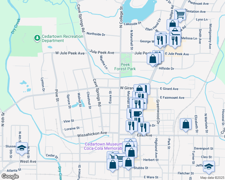 map of restaurants, bars, coffee shops, grocery stores, and more near 411 North College Street in Cedartown