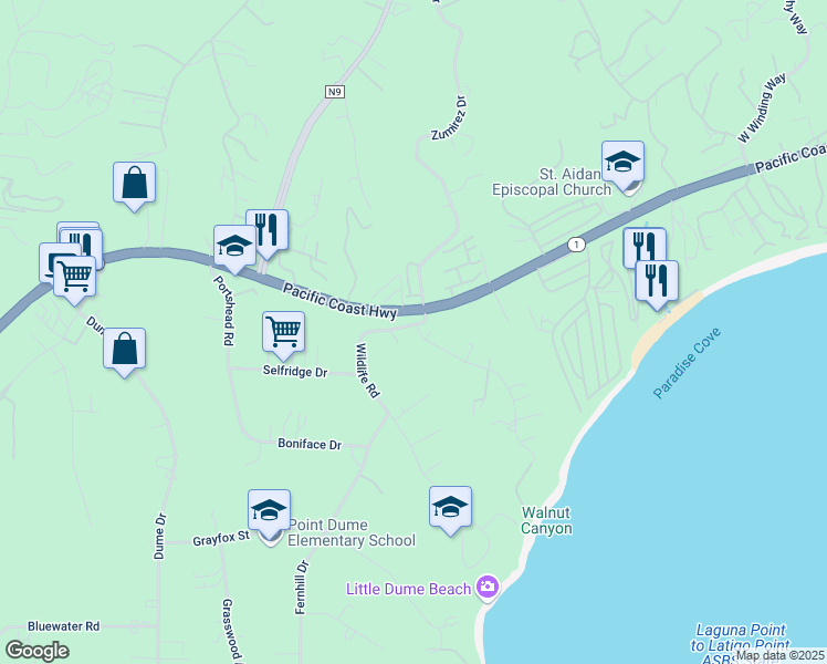 map of restaurants, bars, coffee shops, grocery stores, and more near 6517 Zumirez Drive in Malibu