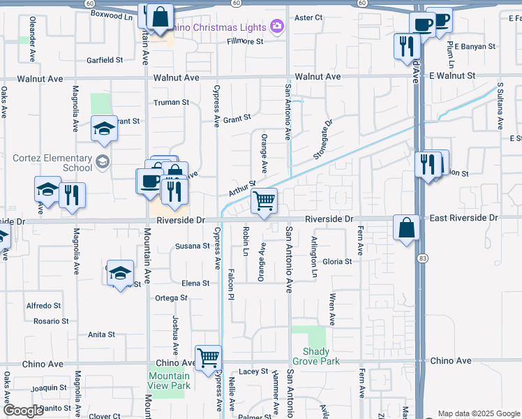 map of restaurants, bars, coffee shops, grocery stores, and more near 6595 Mogano Drive in Chino
