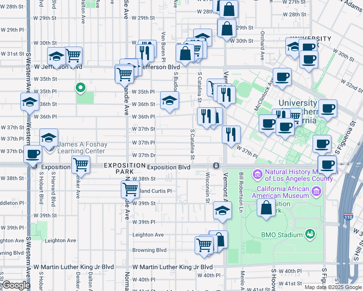 map of restaurants, bars, coffee shops, grocery stores, and more near 1248 1/2 West 37th Place in Los Angeles