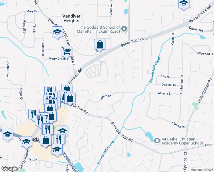 map of restaurants, bars, coffee shops, grocery stores, and more near 2718 Harper Woods Drive in Marietta