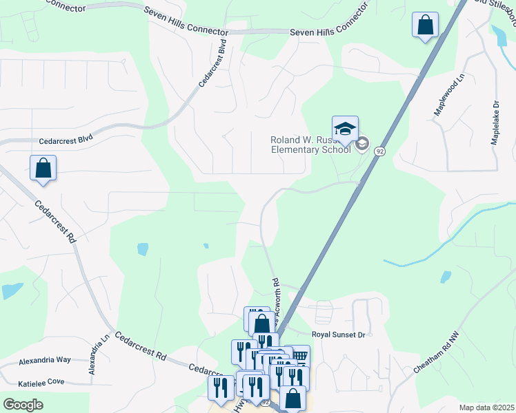 map of restaurants, bars, coffee shops, grocery stores, and more near 683 Old Dallas Acworth Road in Dallas