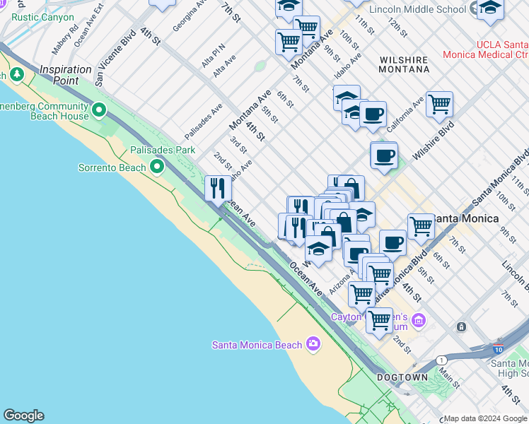 map of restaurants, bars, coffee shops, grocery stores, and more near 1012 2nd Street in Santa Monica