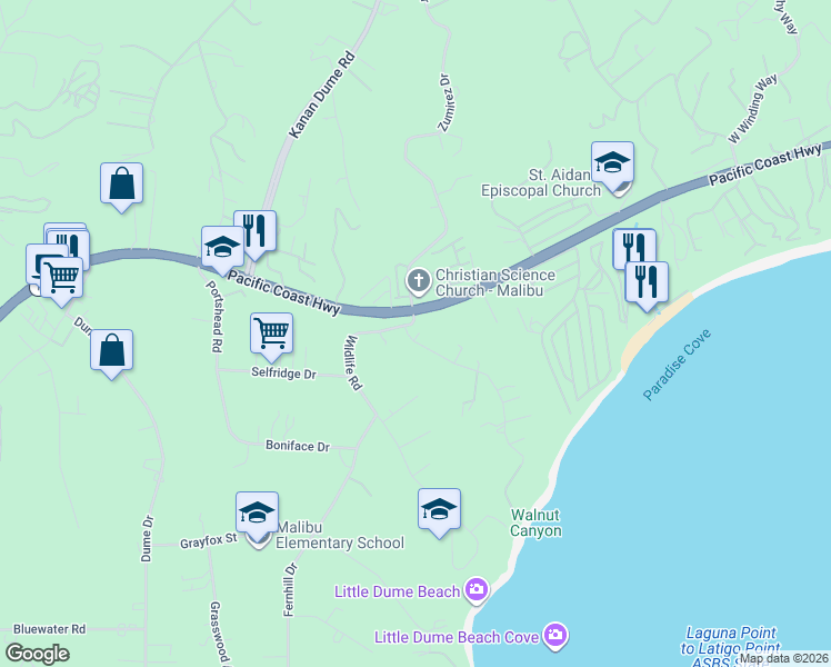 map of restaurants, bars, coffee shops, grocery stores, and more near 6517 Zumirez Drive in Malibu