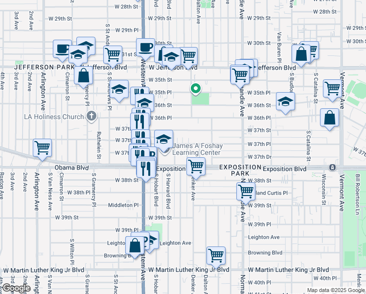 map of restaurants, bars, coffee shops, grocery stores, and more near 1572 West 37th Place in Los Angeles