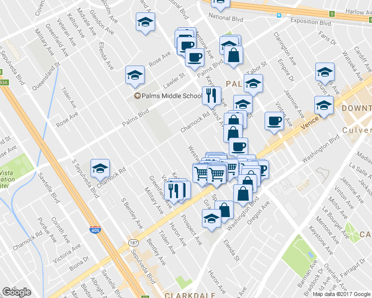 map of restaurants, bars, coffee shops, grocery stores, and more near 3645 Westwood Boulevard in Los Angeles