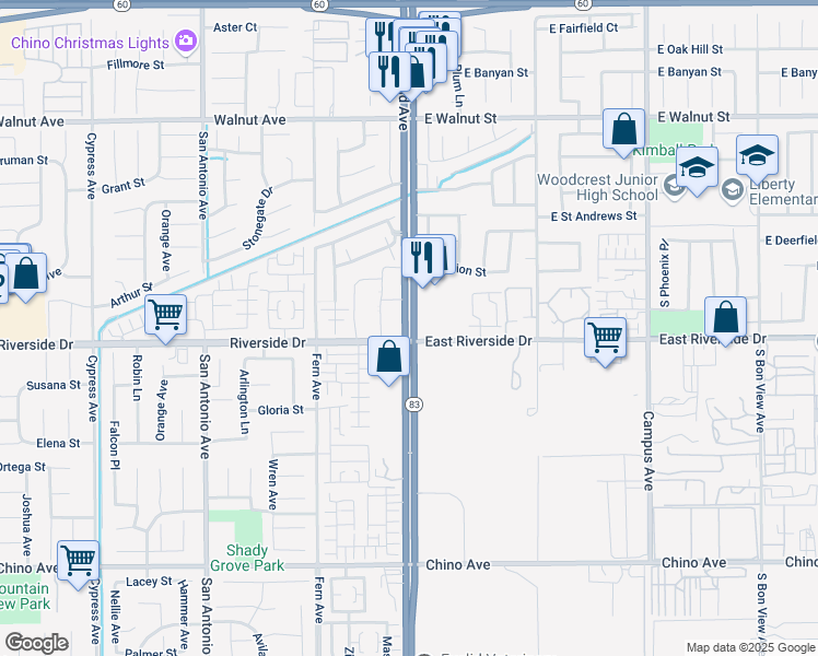 map of restaurants, bars, coffee shops, grocery stores, and more near 4855 South Euclid Avenue in Ontario