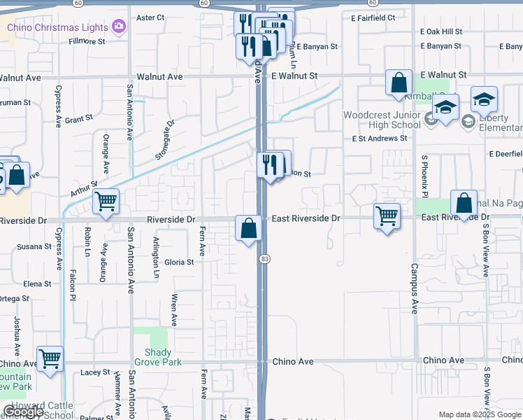 map of restaurants, bars, coffee shops, grocery stores, and more near 4855 South Euclid Avenue in Ontario