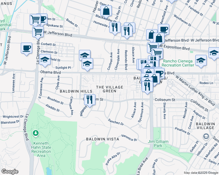 map of restaurants, bars, coffee shops, grocery stores, and more near 5412 1/2 Village Green in Los Angeles
