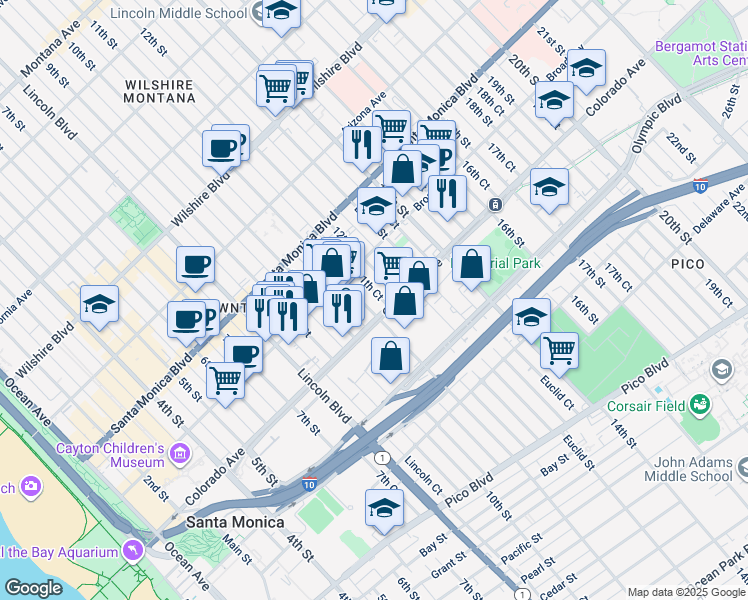 map of restaurants, bars, coffee shops, grocery stores, and more near 1560 12th Street in Santa Monica