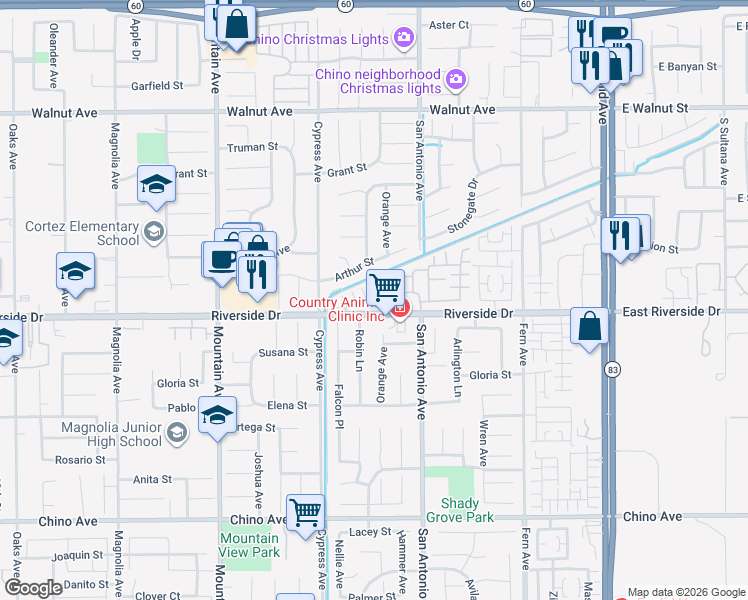 map of restaurants, bars, coffee shops, grocery stores, and more near 6591 Mogano Drive in Chino