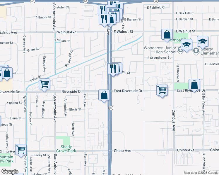 map of restaurants, bars, coffee shops, grocery stores, and more near 4855 South Euclid Avenue in Ontario