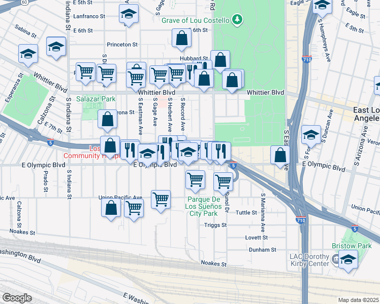 map of restaurants, bars, coffee shops, grocery stores, and more near 1138 South Record Avenue in Los Angeles