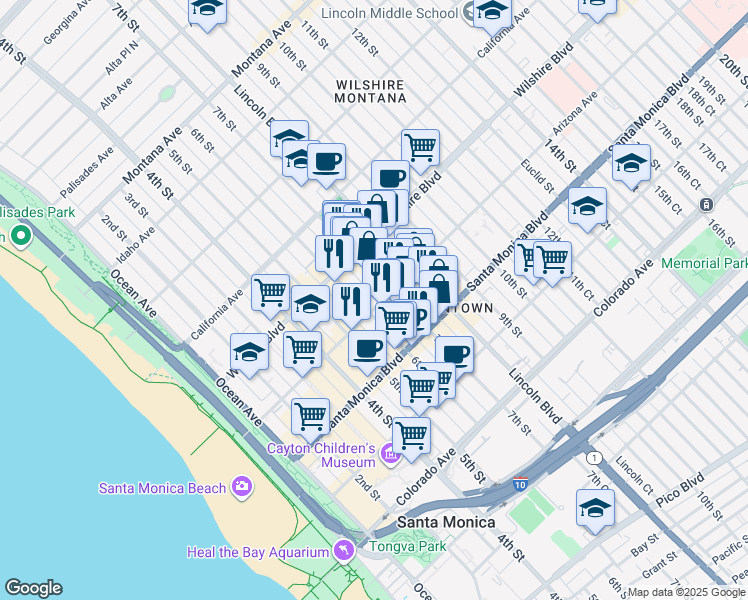 map of restaurants, bars, coffee shops, grocery stores, and more near 632 Arizona Avenue in Santa Monica