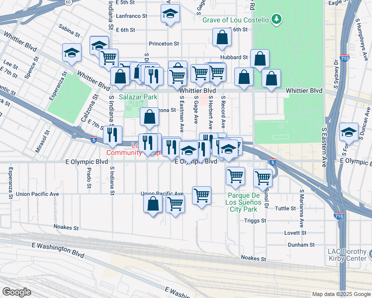 map of restaurants, bars, coffee shops, grocery stores, and more near 1141 South Eastman Avenue in Los Angeles