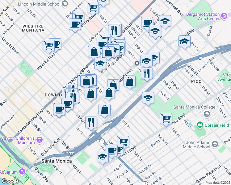 map of restaurants, bars, coffee shops, grocery stores, and more near 1620 12th Court in Santa Monica