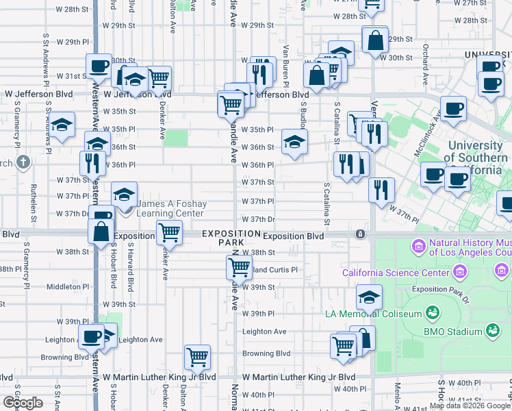 map of restaurants, bars, coffee shops, grocery stores, and more near 1348 West 37th Place in Los Angeles