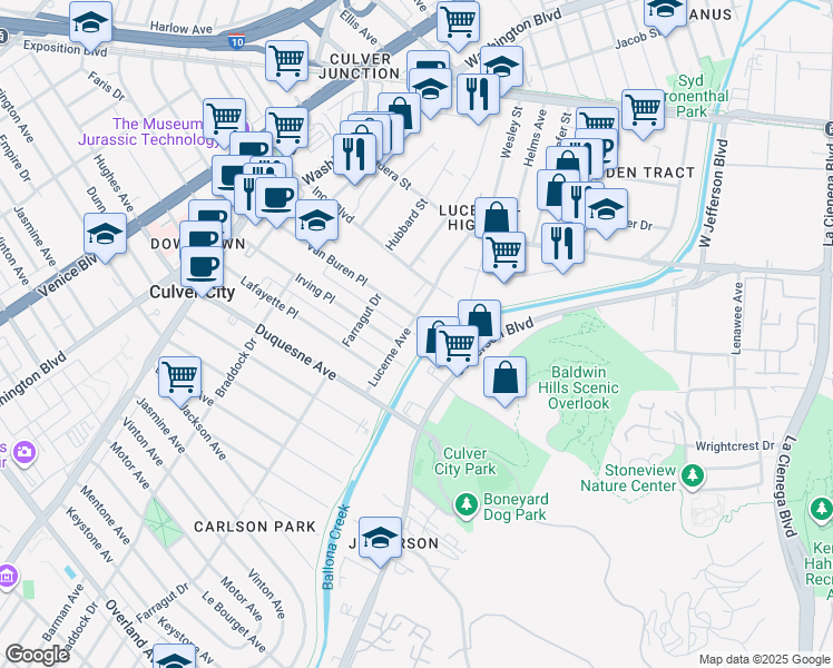map of restaurants, bars, coffee shops, grocery stores, and more near 4222 Van Buren Place in Culver City