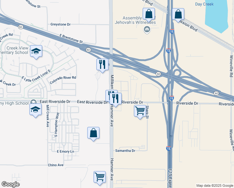 map of restaurants, bars, coffee shops, grocery stores, and more near 3788 Milliken Avenue in Eastvale