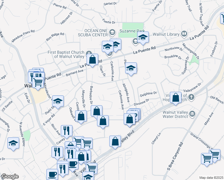 map of restaurants, bars, coffee shops, grocery stores, and more near 20640 Evant Drive in Walnut