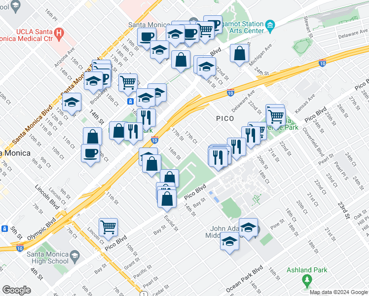map of restaurants, bars, coffee shops, grocery stores, and more near 1824 17th Street in Santa Monica