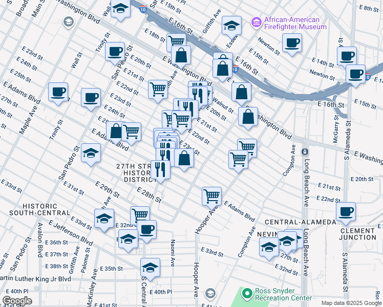 map of restaurants, bars, coffee shops, grocery stores, and more near 1348 East 23rd Street in Los Angeles