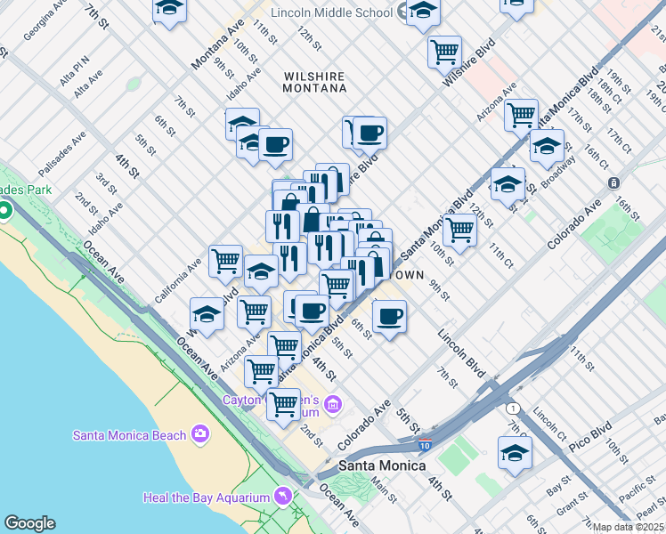 map of restaurants, bars, coffee shops, grocery stores, and more near 632 Arizona Avenue in Santa Monica