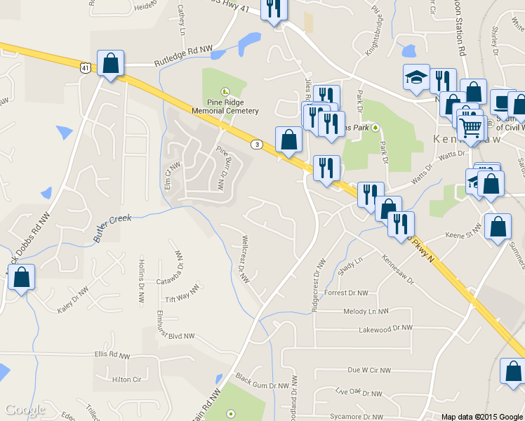 map of restaurants, bars, coffee shops, grocery stores, and more near 2813 Pine Valley Way Northwest in Kennesaw