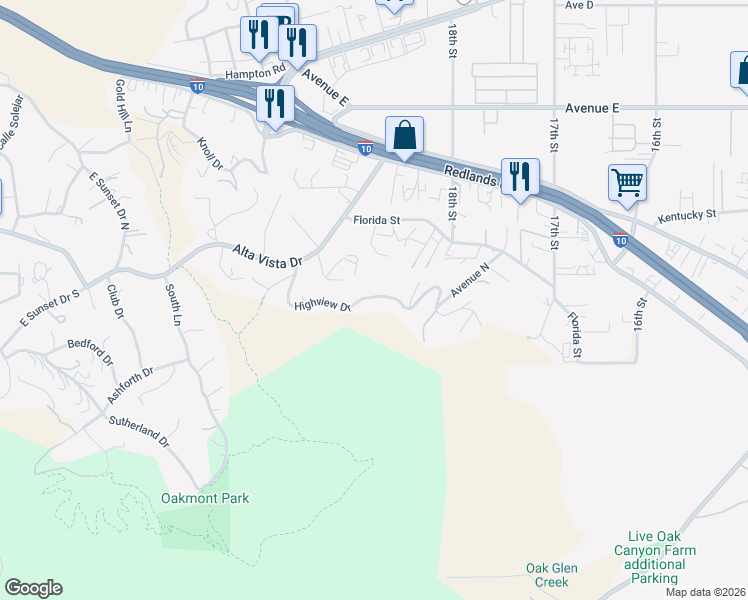 map of restaurants, bars, coffee shops, grocery stores, and more near 31543 Highview Drive in Redlands