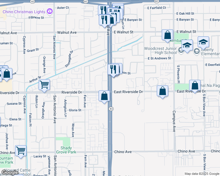map of restaurants, bars, coffee shops, grocery stores, and more near 2980 South Euclid Avenue in Ontario