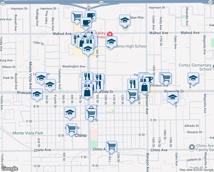 map of restaurants, bars, coffee shops, grocery stores, and more near 12850 10th Street in Chino