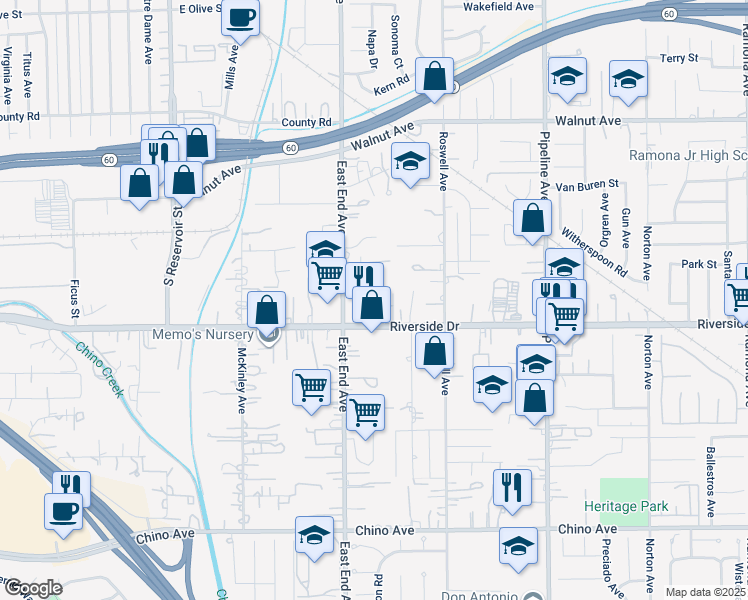 map of restaurants, bars, coffee shops, grocery stores, and more near 12844 Oxalis Street in Chino