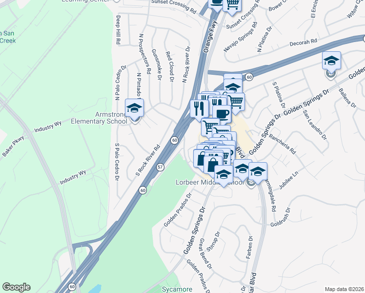 map of restaurants, bars, coffee shops, grocery stores, and more near 273 South Prospectors Road in Diamond Bar