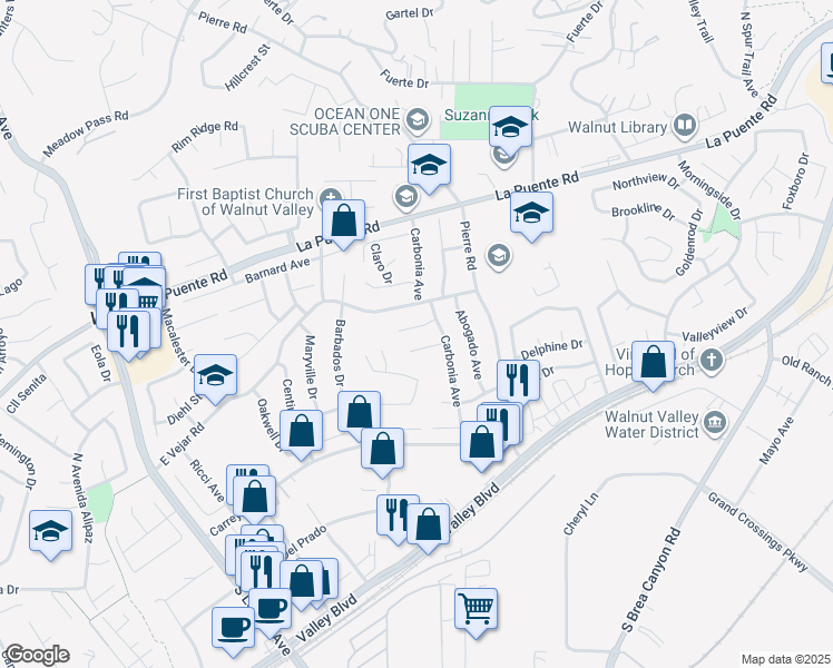 map of restaurants, bars, coffee shops, grocery stores, and more near 20640 Evant Drive in Walnut