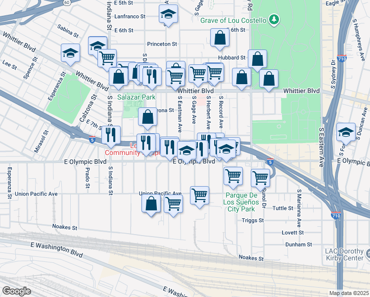map of restaurants, bars, coffee shops, grocery stores, and more near 1141 South Eastman Avenue in Los Angeles