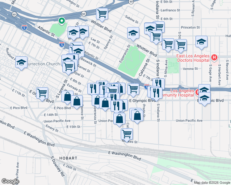 map of restaurants, bars, coffee shops, grocery stores, and more near 1167 Mirasol Street in Los Angeles