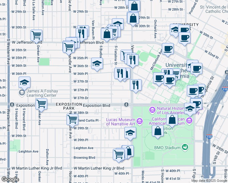 map of restaurants, bars, coffee shops, grocery stores, and more near 1205 West 37th Place in Los Angeles