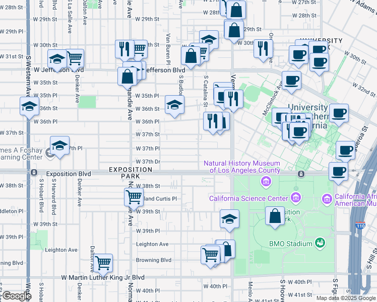map of restaurants, bars, coffee shops, grocery stores, and more near 1248 1/2 West 37th Place in Los Angeles
