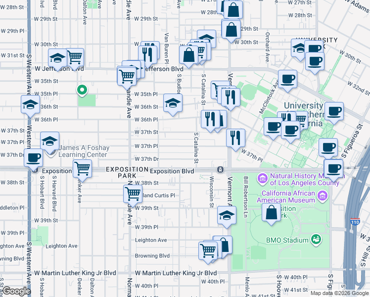 map of restaurants, bars, coffee shops, grocery stores, and more near 1248 1/2 West 37th Place in Los Angeles