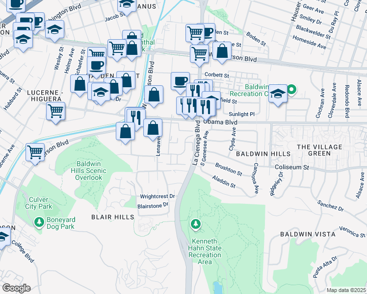 map of restaurants, bars, coffee shops, grocery stores, and more near 5837 Bowcroft Street in Los Angeles