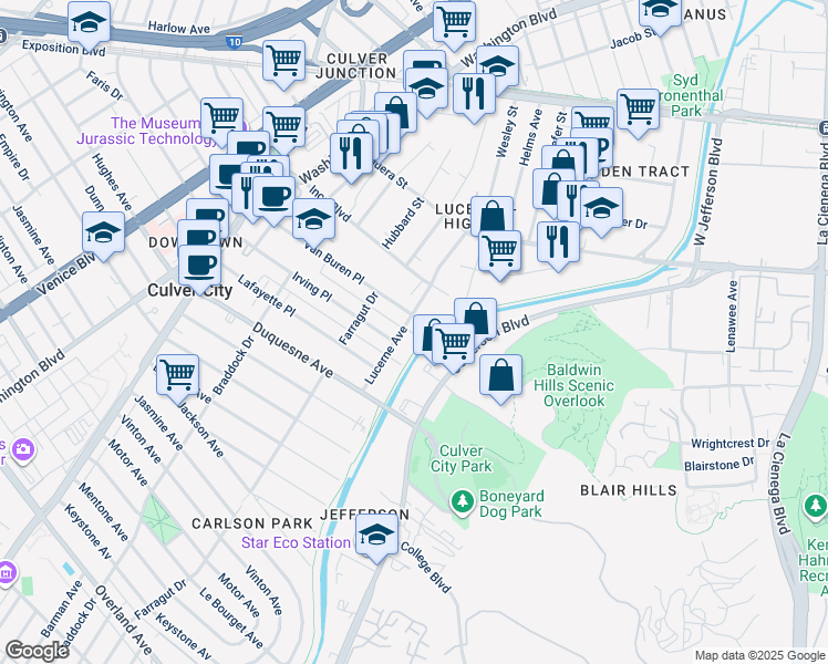 map of restaurants, bars, coffee shops, grocery stores, and more near 4222 Van Buren Place in Culver City