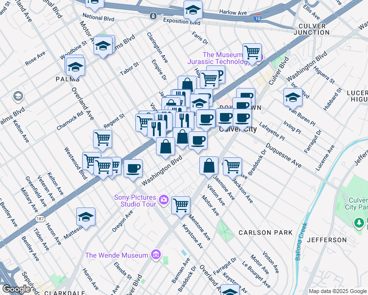 map of restaurants, bars, coffee shops, grocery stores, and more near 10201 Washington Boulevard in Culver City