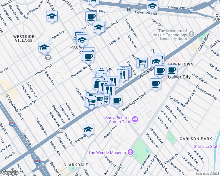 map of restaurants, bars, coffee shops, grocery stores, and more near 3761 Keystone Avenue in Los Angeles