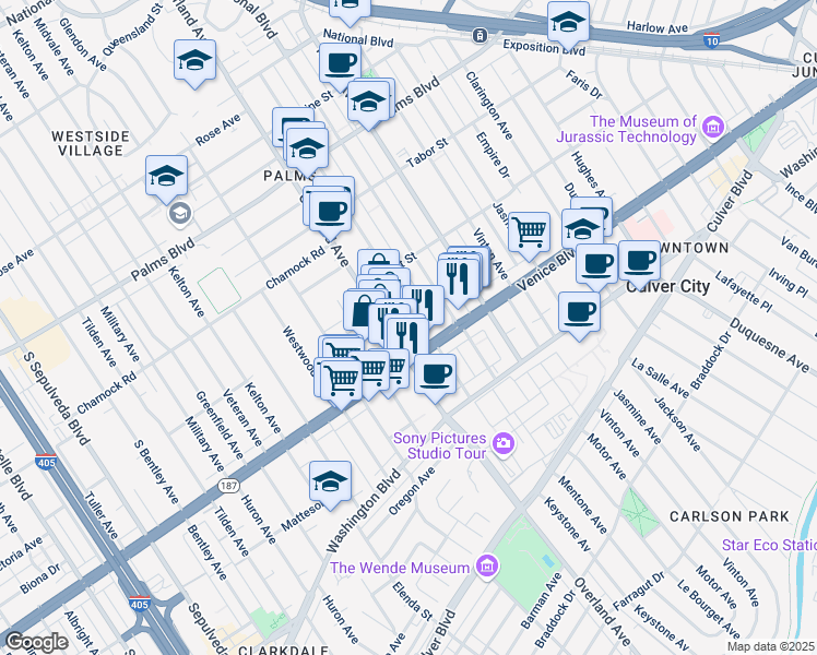 map of restaurants, bars, coffee shops, grocery stores, and more near 3761 Keystone Avenue in Los Angeles