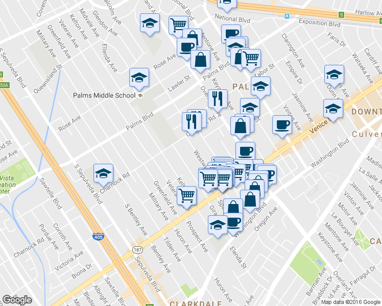 map of restaurants, bars, coffee shops, grocery stores, and more near 3624 Midvale Avenue in Los Angeles