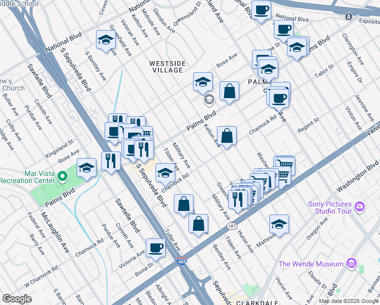 map of restaurants, bars, coffee shops, grocery stores, and more near 3543 Greenfield Avenue in Los Angeles