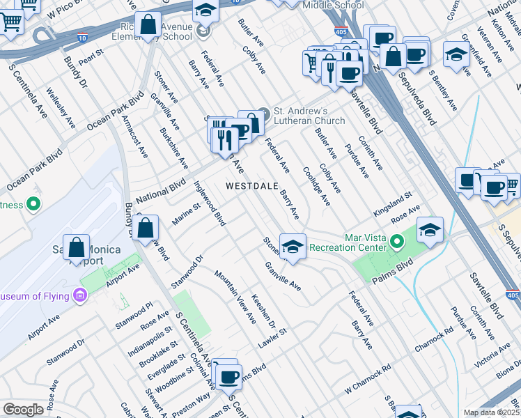 map of restaurants, bars, coffee shops, grocery stores, and more near 3159 South Barrington Avenue in Los Angeles