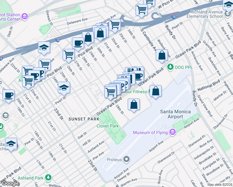 map of restaurants, bars, coffee shops, grocery stores, and more near 2901 Ocean Park Boulevard in Santa Monica