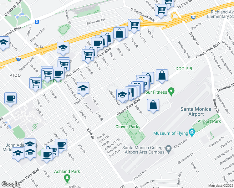 map of restaurants, bars, coffee shops, grocery stores, and more near 17 Village Parkway in Santa Monica
